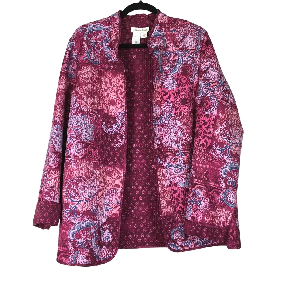 Coldwater Creek Quilted Paisley Patchwork Open Front Jacket 2X Plum Magenta